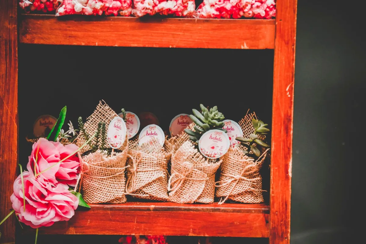 Miniature succulents in burlap-wrapped pots arranged as event favours