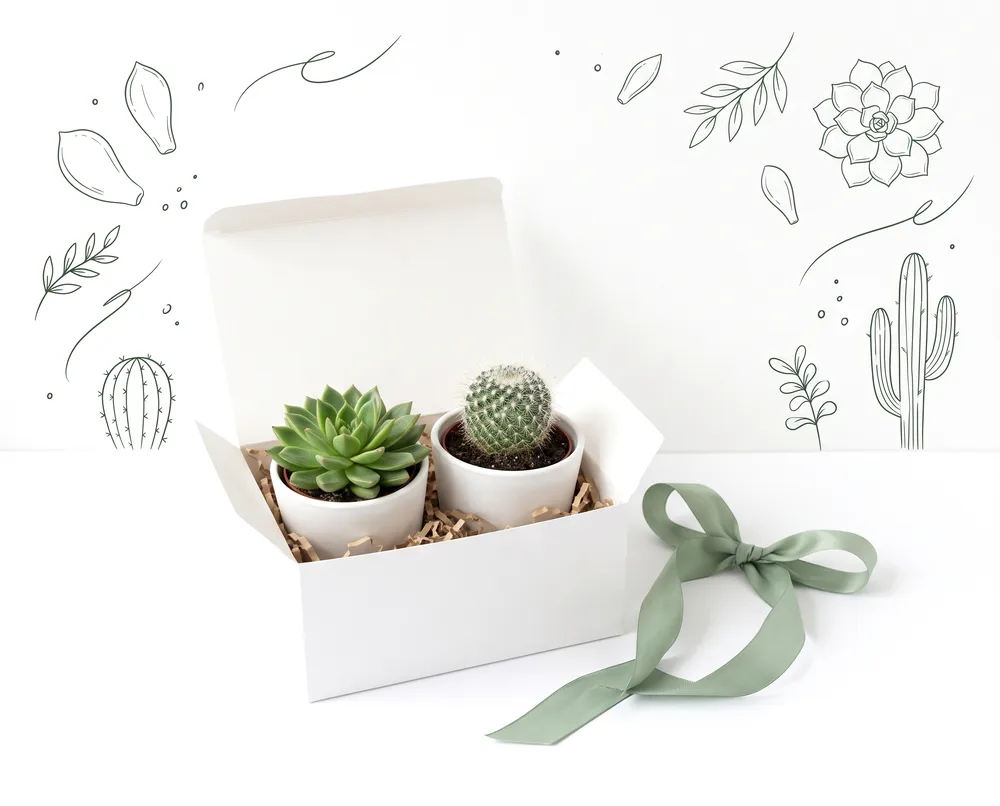 Succulent and cactus in white pots, a gift from Succulent Studio